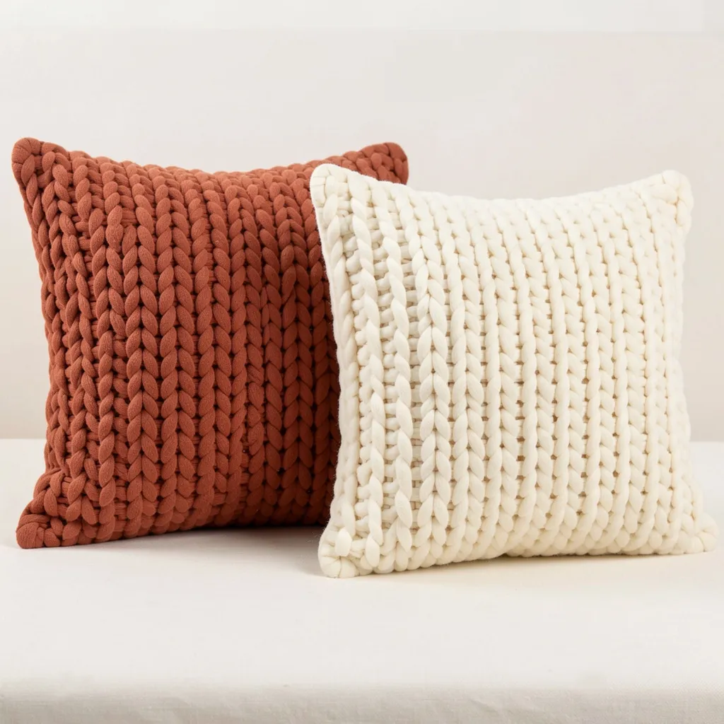 Set of two woven cushions in terracotta and cream